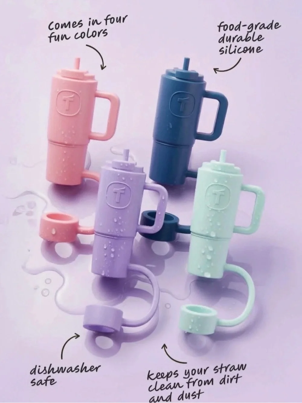 Tupperware Big T Straw Topper Tumblers Covers Set of 4 Silicone New